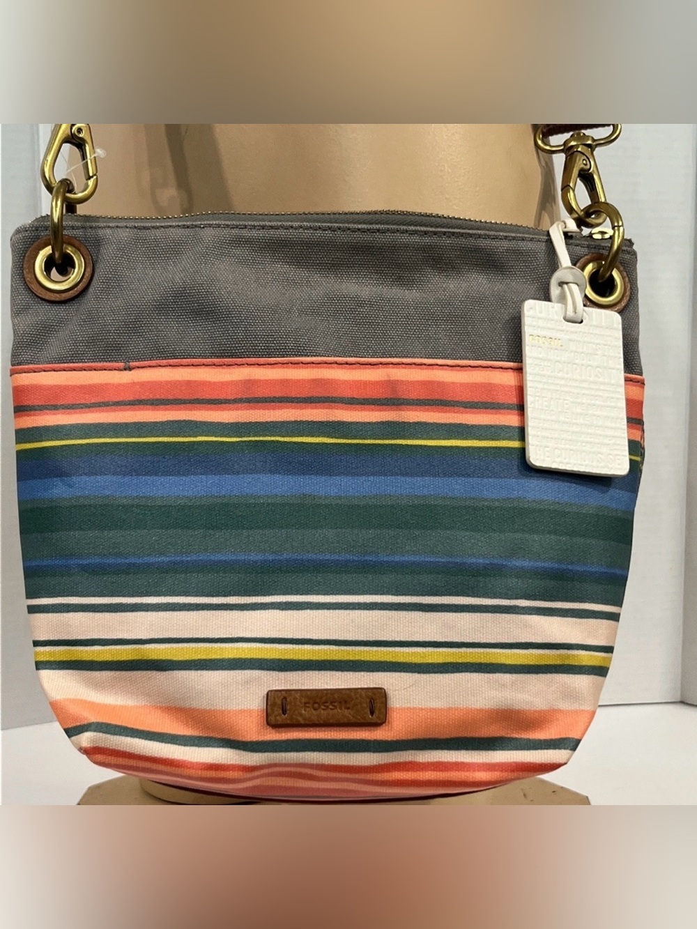 Fossil Keely Striped Coated Canvas Leather Accent Boho Crossbody Bag 9" x 11"